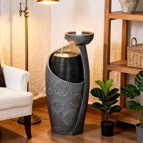 Image of Jar Indoor Water Fountain - Outdoor Decor Garden Vase Waterfall 31.8 inch Cascading Water Feature with Lights Watefall Fountains for Porch, Patio, Backyard, Deck, Home Gift,Grey