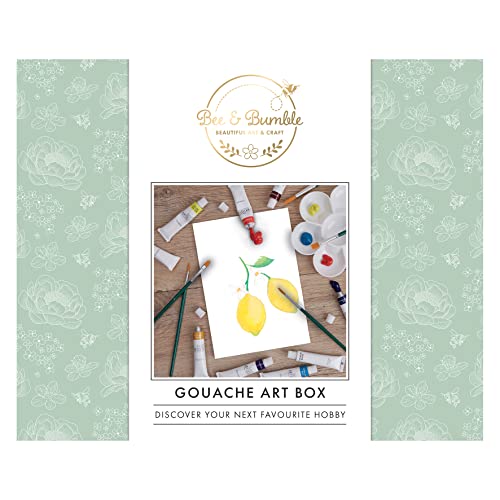 Bee & Bumble Gouache Art Box Craft Kit, 12ml Gouache Paints, Brush Set, Petal Mixing Palette, A5 Watercolour Pad, Paint With Gouache Colours, Ideal For Adults, Children, Professional & Budding Artists