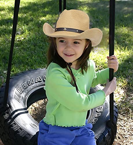 Kid-Straw-Western-Cowboy-Hat with Wind-Lanyard - Summer-Hat Sun-Hat Cowboy-Cowgirl-Style UPF 50+ Beach Hat 5-9 Years2