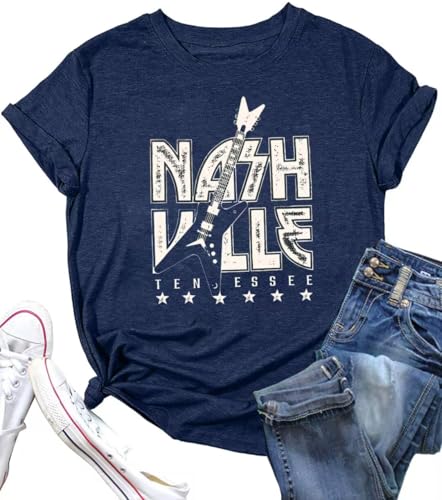 Rock Concert Outfits for Women Nashville T Shirt Vintage Graphic Tees Country Concert Short Sleeve, 1Blue, Medium