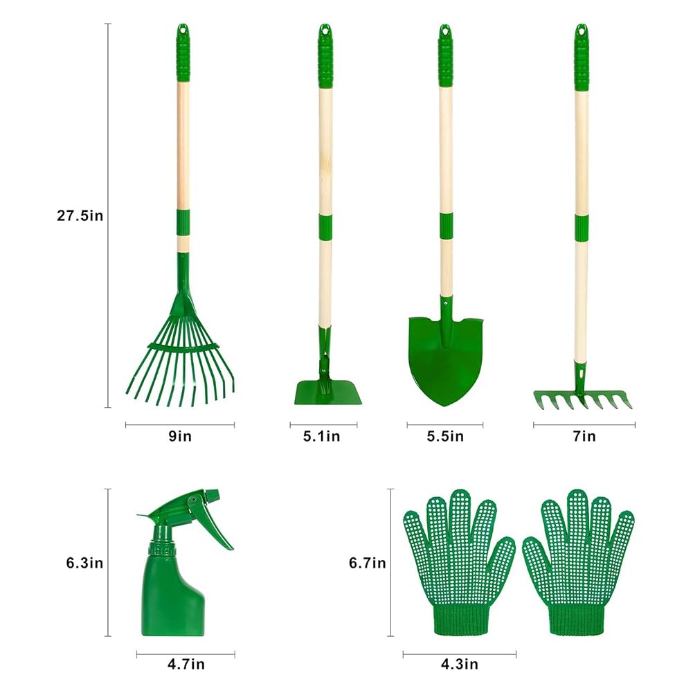 Juego de Herramientas de Jardinería para Niños: 6 Piezas con Pala, Rastrillo, Rastrillo de Hojas y Juguetes para Cavar y Desmalezar el Césped.