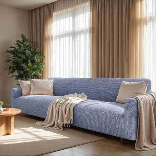 Image of Bellissima Sofa Covers - Premium Luxury Microfibra Plain Stretchable Sofa Cover Fully Covered Slipcover, Imported from Italy (ASH Blue, 4 Seater-UN)