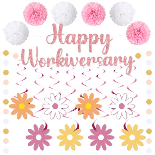 16pcs Happy Work Anniversary Decorations Banner Rose Gold Pink Happy Workiversary Banner Hanging Swirls Circle Dot Garland Pompoms for 10th 25th Work Anniversary Employee Appreciation Decorations