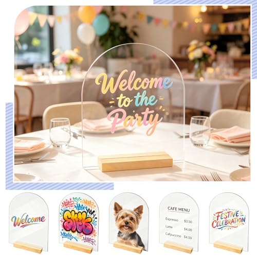 Image of Bercoor 5 Pack 8x10 Inch Blank Clear Arch Acrylic Sign with Wooden Stands, Arched Round Top Acrylic Sheet, Arch Table Numbers for DIY Name Card Gifts Event Party Sign Decoration