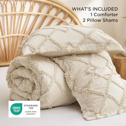 Image of Bedsure Boho Comforter Set King - Beige Tufted King Size Comforter, 3 Pieces Farmhouse-Style Embroidery Bed Set, Soft Fluffy Geometric Pattern Bedding for All Seasons