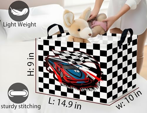 Image of Large Boys Checkered Basket Canvas Kids Toy Storage Bin Nursery Baby Organizing Decor (Check Racing Car)