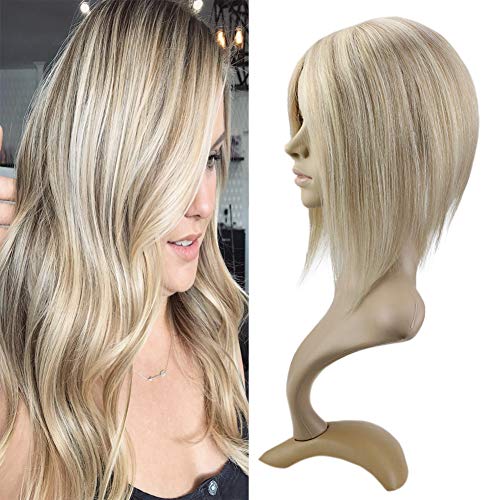VeSunny 14Inch Mono Blonde Topper Human Hair Top Hairpiece Color Ash Blonde Mixed Bleach Blonde Clip in Mono Base Top Hair Piece 2"x6"
