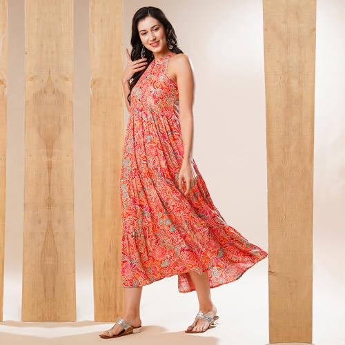 Image of Globus Women's Rayon Blend Fit and Flare Maxi Ethnic Dress (A22IWCDRRYSS0601- Blue