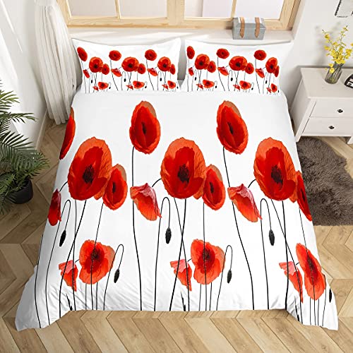 Homemissing Parure Coquelicot Housse de Couette Chic Rouge Fleur Parure de Lit 240x260cm Jardin Botanique Literie Housse de Couette Décor de Chambre 3Pcs