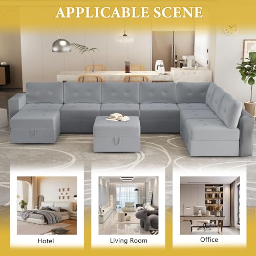 Image of QHITTY Modular Sofa, 4 Seater Accent Couch with Hidden Extra Large Storage Space for Living Room, Grey