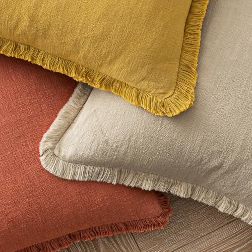 Image of MIULEE Decorative Throw Pillow Covers Neutral Linen Fringe Throw Pillows Set of 2 Burnt Orange Boho Farmhouse Cushion Covers with Tassels for Couch Sofa Bed Living Room Home Decor 20x20 Inch