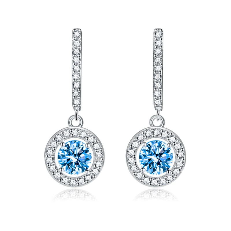 Boucles d'Oreilless Femme, Cuivre Forme Ronde Cubic Zirconia Bleu Boucles d'Oreilles Pendantes Argent pour Femme