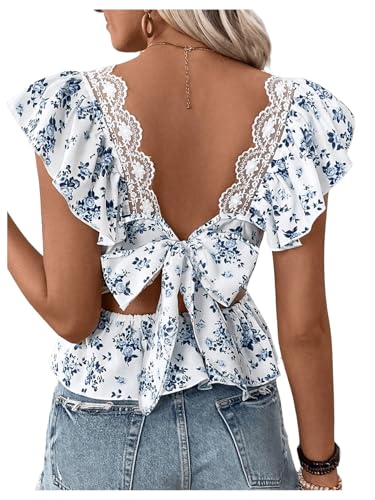 SweatyRocks Women's Floral Printed Lace Blouses Tie Back Ruffle Sleeve Square Neck Peplum Tops