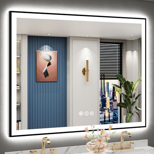 Image of 50x40 Black Framed LED Bathroom Mirror with Lights, Backlit and Front Lit Anti-Fog Lighted Vanity Mirror for Bathroom Wall, Dimmable, 3 Colors, Memory, Shatter-Proof, HD Tempered Glass, CRI 95