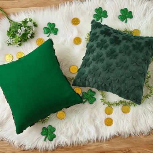 Image of decorUhome St. Patrick's Day Shamrock Green Pillow Covers 20x20 Inch Set of 2, Soft Plush Faux Wool Throw Pillow Covers, Farmhouse Spring Holiday Decor for Sofa Living Room