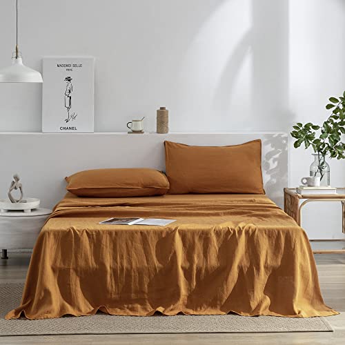 Image of EVERLY Linen Sheets Set Full Size,100% French Stonewash Pure Linen Sheets Set,4Pieces (1Flat Sheet,1Fitted Sheet,2Pillowcase) Suitable for Hot Sleepers,16Inch Deep Pocket Natural Bedding Set-Caramel