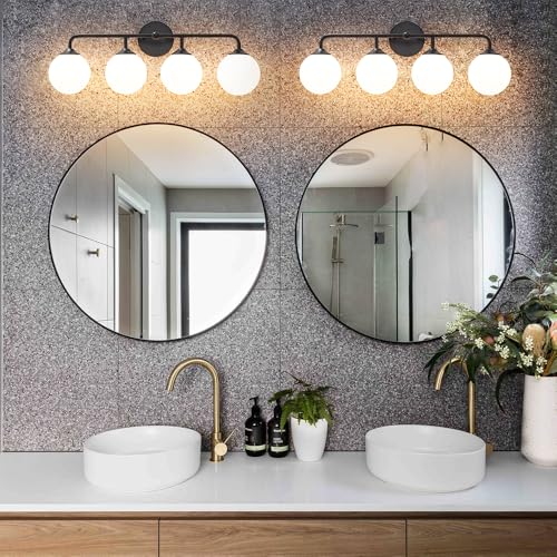 Image of 4-Lights Black Vanity Lights with Milky White Globe Glass Shade, Industrial Bathroom Wall Sconces Light over Mirror, Vanity Lighting Fixture for Bathroom Dressing Table Bedroom Living Room