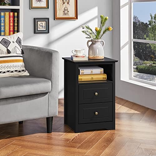 Yaheetech 2Pcs Bedside Cabinets, Black Bedside Tables with 2 Storage Drawers & Smooth Drawer Slides, Wooden Side Tables Set of 2 for Living Room, Bedroom Furniture, Easy Assembly