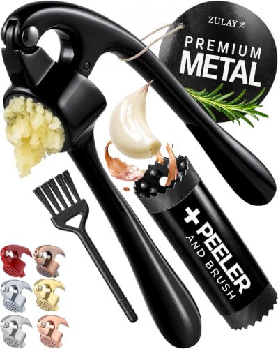 Image of Zulay Kitchen Premium Garlic Press Set - Rust Proof Professional Garlic Mincer Tool - Easy-Squeeze, Easy-Clean with Soft, Ergonomic Handle - Silicone Garlic Peeler & Brush (Black)