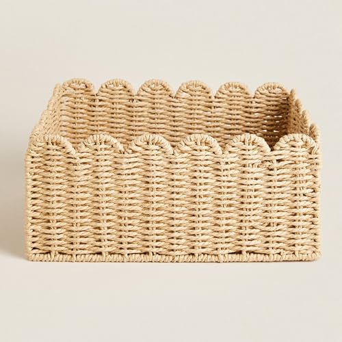 Image of Scalloped Basket, Wicker Baskets for Storage, Hand Woven shelf Baskets, Seagrass Baskets for Bathroom, Bedroom Organizing (Seagrass, M-14.2 * 10.6 * 6IN)
