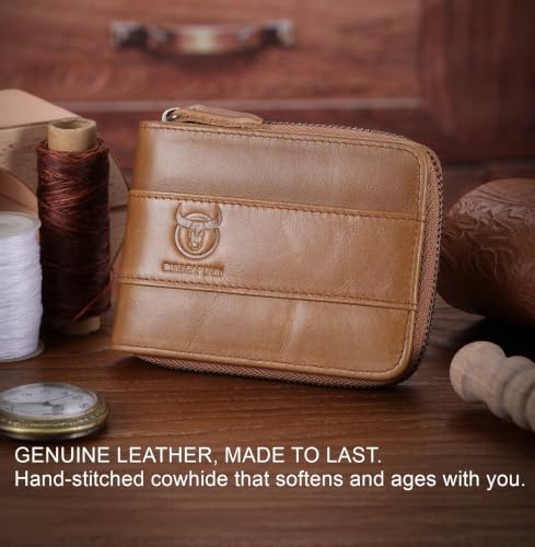 Image of BULLCAPTAIN Men's Leather Wallet Zipper Around RFID Blocking Wallets Bifold Multi Card Holder Purse (Yellow-brown)