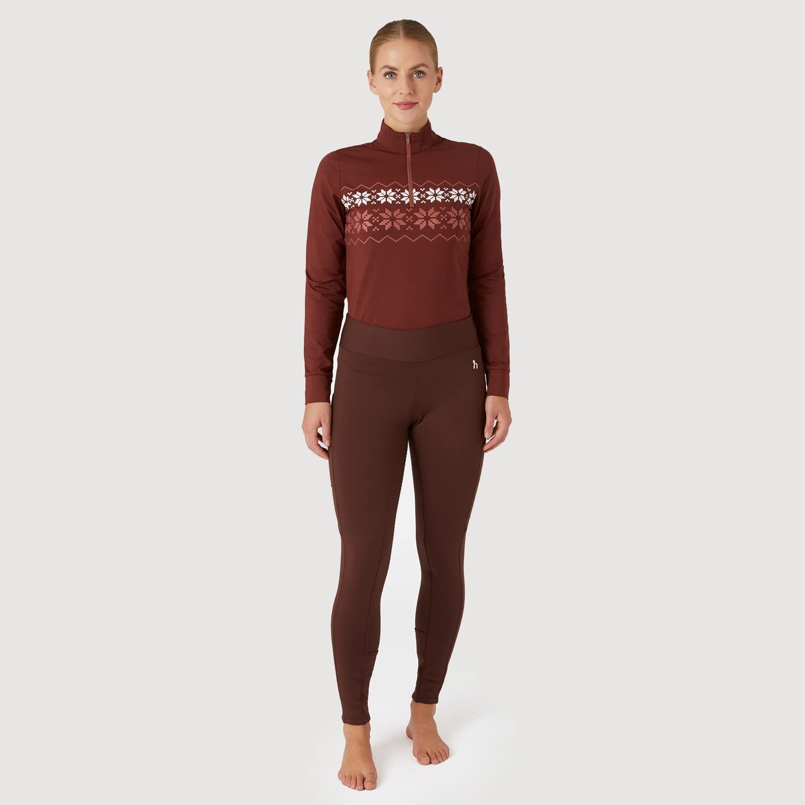 HORZE Damskie legginsy termiczne Active z kieszenią na telefon komórkowy, spodnie do jazdy konnej, termiczne bryczesy damskie, Rum Raisin Brown, 36