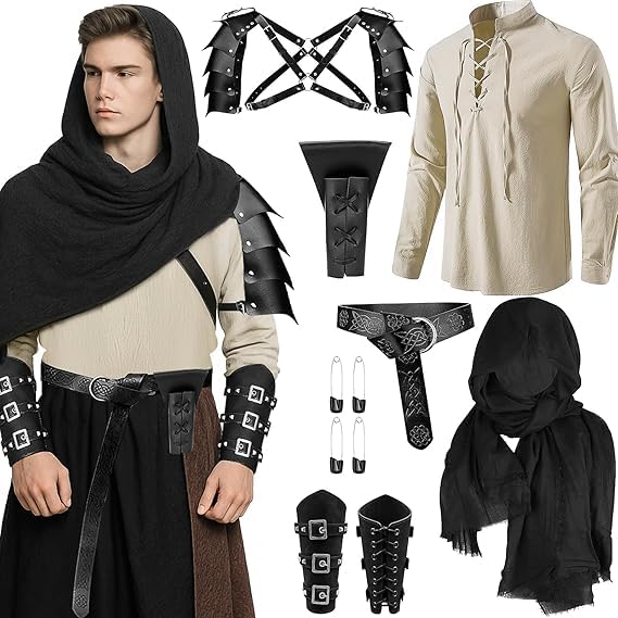 MALLOOM Lot de 7 Costume Renaissance homme, ensemble armure viking médiévale pirate & brassards, LARP, tenue pour festival Renaissance, cosplay Halloween...
