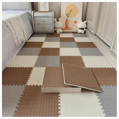 40 Piezas De Baldosas Entrelazadas De Lino Y Algodón De 0,4' De Grosor con Borde, Alfombrillas De Goma EVA Antideslizantes For Suelo, Alfombrillas De Rompecabezas(Dark Brown+Beige+Gray)