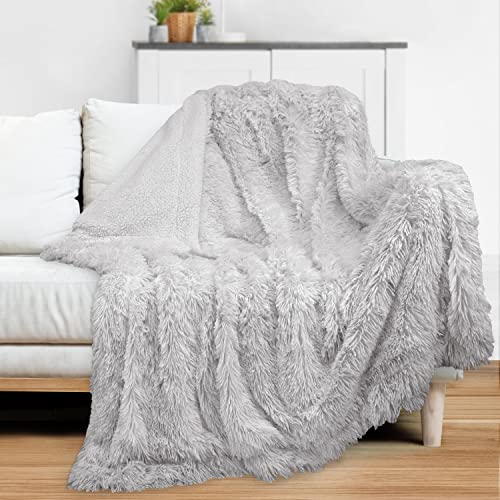 Pavilia Soft Fluffy Faux Fur Throw Blanket, Twin Light Grey Silver, Shaggy Furry Warm Sherpa Blanket Fleece Throw For Bed, Sofa, Couch, Decorative Fuzzy Plush Comfy Thick Throw Blanket, 60X80 Inches #TOP21