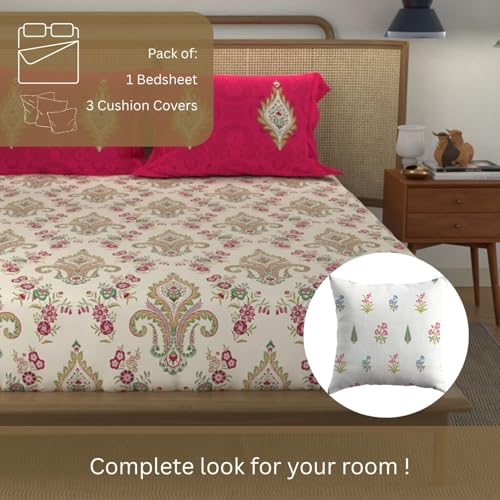 Image of Urban Space Divine 144TC 100% Cotton Printed Bedsheet for Double Bed, Double Bed Sheet Cotton with 2 Pillow Covers and 3 Cushion CoversWith Giftbox (Motif Red - High Garden Red, Size 88 X 100 Inches)