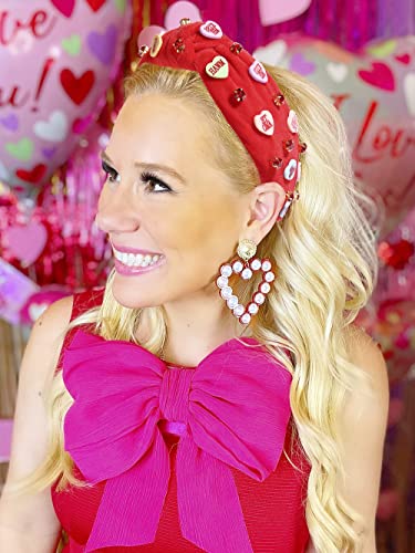 Moloch Pink Heart Headband For Women Rhinestone Conversation Love Heart Headbands Crystal Knotted Bejeweled Wide Velvet Fashion Hairband Valentines Day Country Concert Hair Accessories(Red) #TOP2