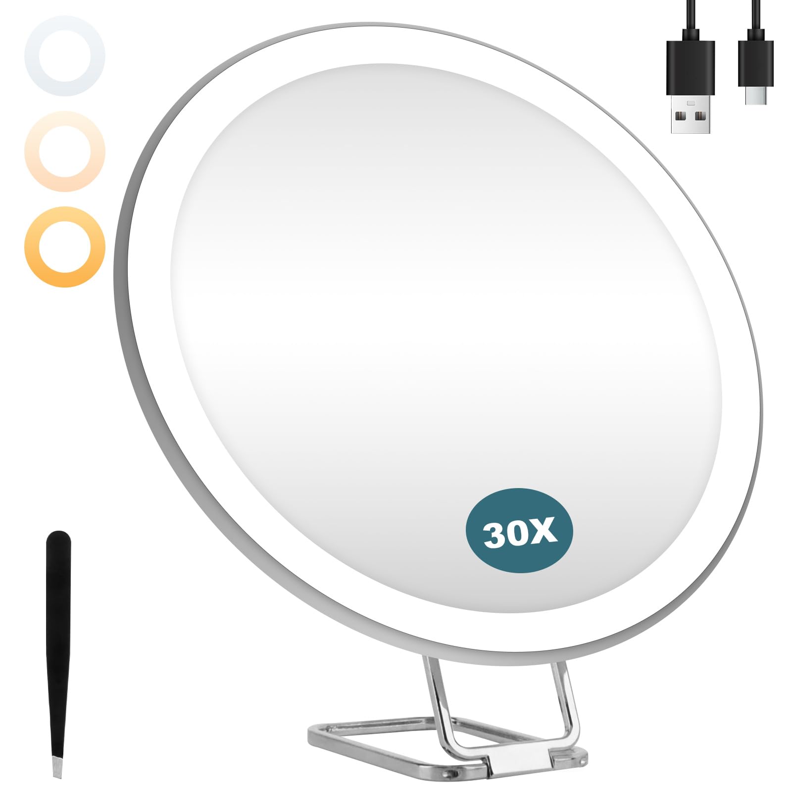 RISVOWO 30X Espejo Maquillaje con Luz, Espejo Aumento con luz Portátil, Recargable Espejo Aumento con Ventosa y Pinzas para Pared, 3 Modos de Colores y Brillo Ajustable Espejos para Casa o Viaje
