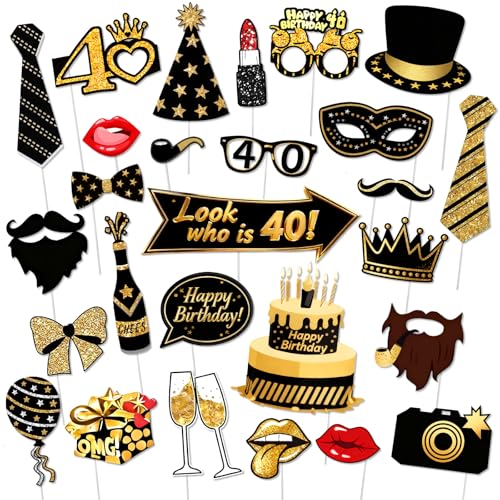 G2PLUS 32 Photocall 40 Cumpleaños: Kit Photocall Cumpleaños Negro y Dorado Decoración de Fiesta para Cumpleaños, Boda, Fiesta y Photo Booth