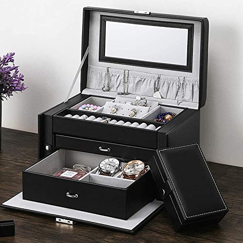 wolketon Caja de Joyería, Estuche de Viaje, Caja Joyero de 3 Niveles con Espejo Alta Calidad Organizador de joyas con cerradura con Puertas Laterales, Idea de regalo, Negro