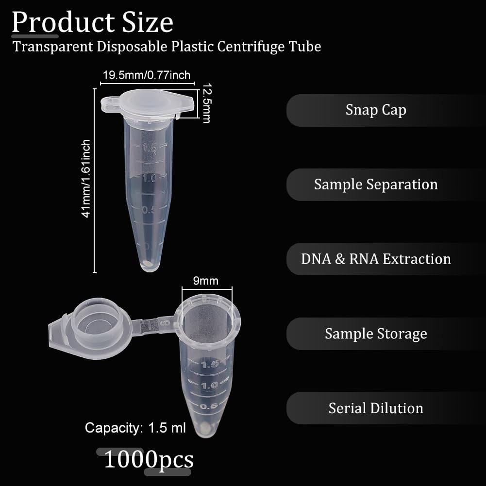 OLYCRAFT 1000 Pcs 1.5mL Tube de microcentrifugation gradué Tube à centrifuger Transparent jetable Tube de microcentrifugation avec Bouchon à Pression pour Le Stockage d'échantillons sans Fuite