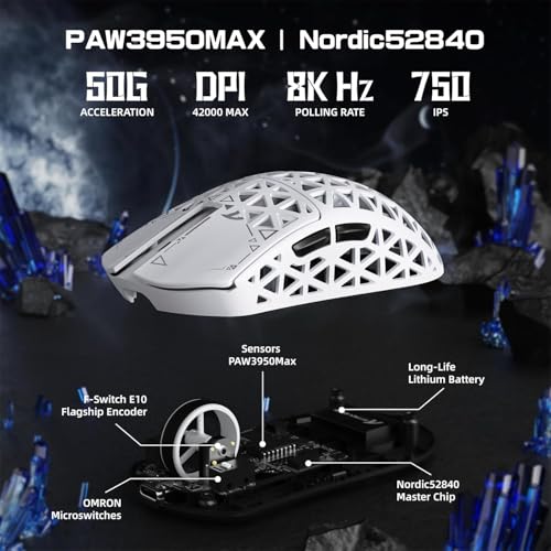 Image of ATTACK SHARK R5 Ultra Wireless Gaming Mouse,39g Superlight Carbon Fiber Hollowed-Out,PAW3950MAX Optical Sensor Nordic 52840 MCU 8K Polling 42K DPI,BT /2.4G /USB-C Mice with Coiled Cable for PC /Mac-White