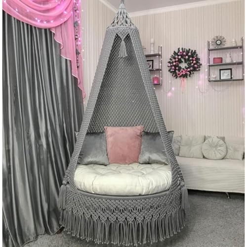 Image of Macrame Hanging Chair Swing with Cushion | Handmade Boho Hammock Chair for Adults & Kids | Indoor Outdoor for Balcony, Living Room, Bedroom, Patio & Garden (Grey)