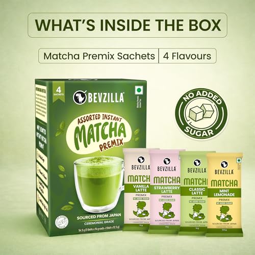 Image of Bevzilla Instant Matcha Premix 4 Assorted Sachets | Ceremonial Grade Green Tea | No Added Sugar | Smooth Energy Drink Mix | Single Serve | Hot & Cold Matcha Anytime