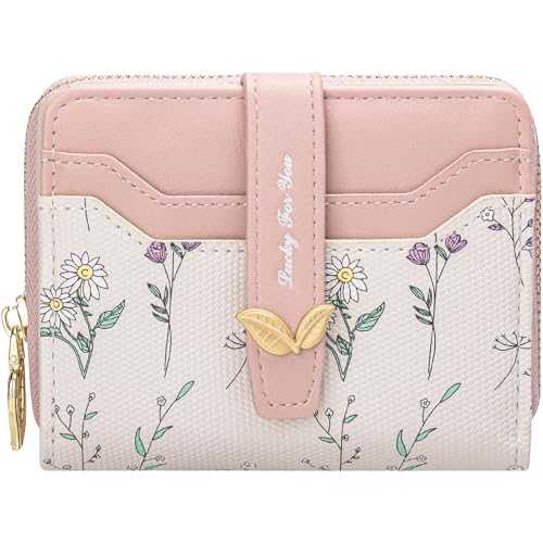 Image of BIAOTIE Wallet for Women Cute Floral Flower Wallet RFID Credit Card Holder Purse Small Bifold Zipper Coin Pocket Purse with ID Windows (Pink Fl)