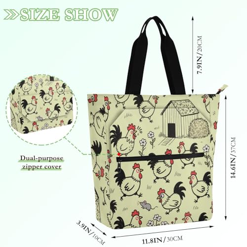 Book Tote Bag for Boys Girls Women,Cute Farm Chicken Cartoon Lightweight Library Book Tote Bag Shoulder Bag with Pockets for School Work Travel2