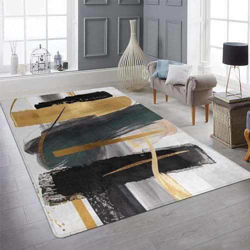 9CH Fashion Modern Area Rug 7' X 5', Abstract Art Painted Black White Gold Foil Modern Artwork Area Rug Non-Slip Carpet for Living Room Bedroom Dining Room