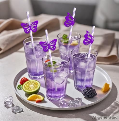 Pitillos decorativos de papel mariposa morado pack 24 miniatura 5