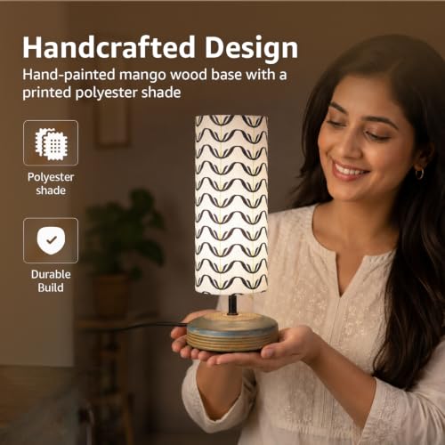 Image of Amazon Basics Tarang Wavy Table Lamp | Hand-Painted Mango Wood Base with Printed Polyester Shade | E14 Holder | Decorative Night Lamp for Bedroom, Living Room & Study Room | Home Decor Gift