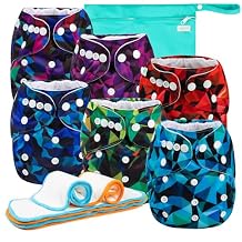 Wegreeco Cloth Diapers 6 Pack with Inserts & Wet Bag, Washable Reusable Diapers for Babies, One Size Adjustable Abstract Geometrical