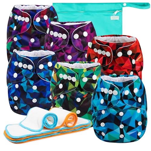 Image of Wegreeco Cloth Diapers 6 Pack with Inserts & Wet Bag, Washable Reusable Diapers for Babies, One Size Adjustable (Abstract Geometrical)