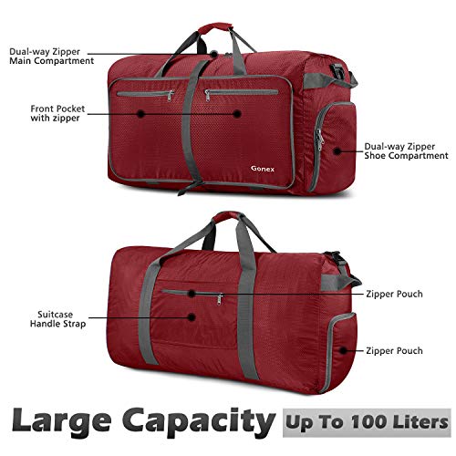 Gonex 100L Foldable Travel Duffel Bag for Luggage Gym Sports, Lightweight Travel Bag with Big Capacity, Water Repellent (Red)