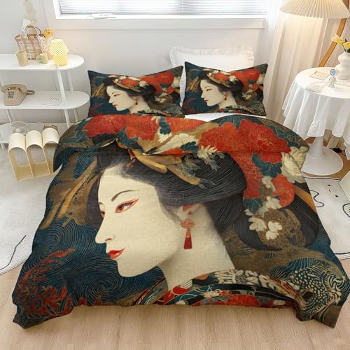 Funda Nordica para Cama 105 - Estilo Japonés Floral Geisha Juego de Ropa de Cama de 3 Piezas 200 x 200 cm, Rojo Reversible Suave Microfibra Ropa Cama para Niño Adolescente