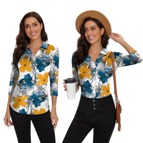 Image of Soneven Womens Golf Polo Shirts 3 /4 Long Sleeve V Neck Button Down Shirts Business Causal Work Blouses Tops