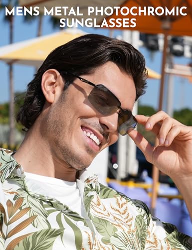 Image of BIRCEN Mens Metal Photochromic Sunglasses: UV Protection Al-Mg Sun Glasses Ultra-light Rimless Shades for Driving Cycling