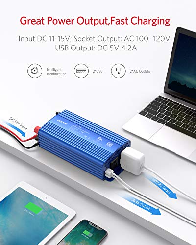 BESTEK 500W Pure Sine Wave Power Inverter DC 12V to 110V AC Car Plug Inverter Adapter Power Converter with 4.2A Dual USB Charging Ports and 2 AC Outlets Car Charger, ETL Listed, Blue